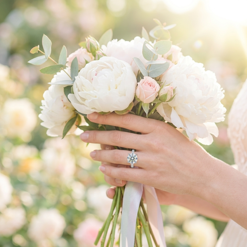Bride holding a bouquet of white peonies and pink roses, showcasing a sparkling round Solitaire Ring for Women on her finger.