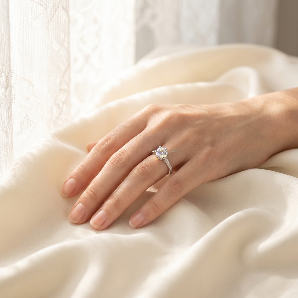 Woman's hand resting on soft white silk, wearing a round-cut Solitaire Ring with pavé band.