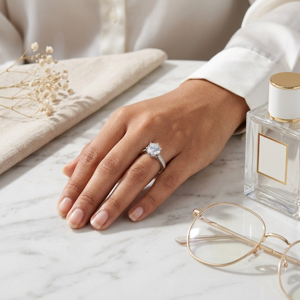 Close up of a woman's hand wearing a silver-tone Solitaire Ring next to a glass perfume bottle and gold wire glasses.