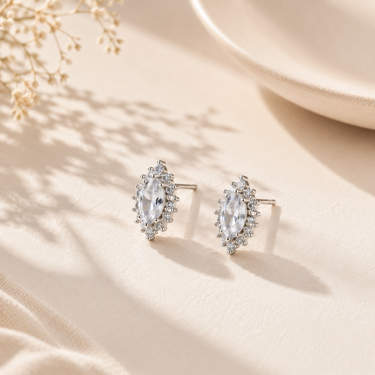 Sparkling Oval Halo Silver Stud Earrings