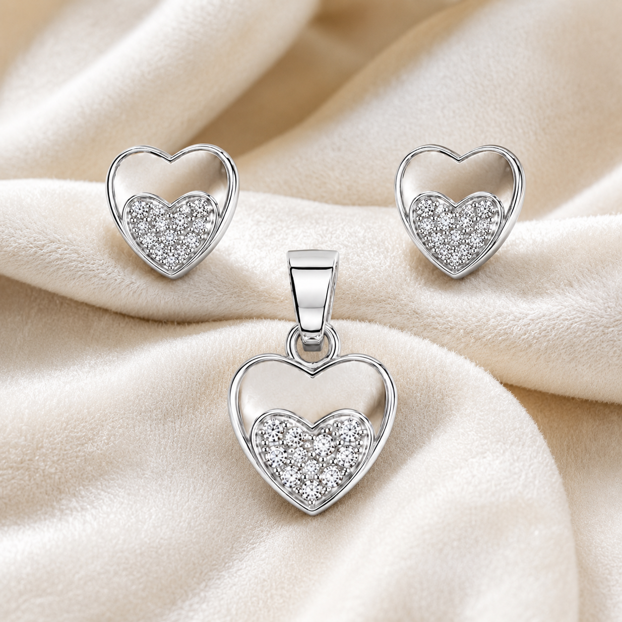 Close-up of the nested heart design featuring crystal-encrusted inner hearts on silver.