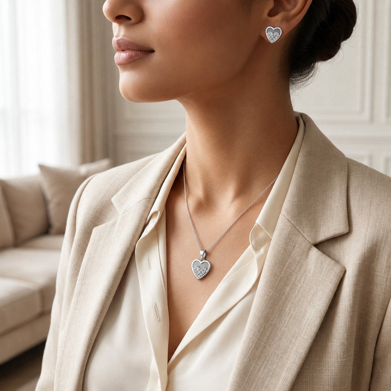 Detailed view of the silver pendant with an open heart outline and sparkling nested heart base.
