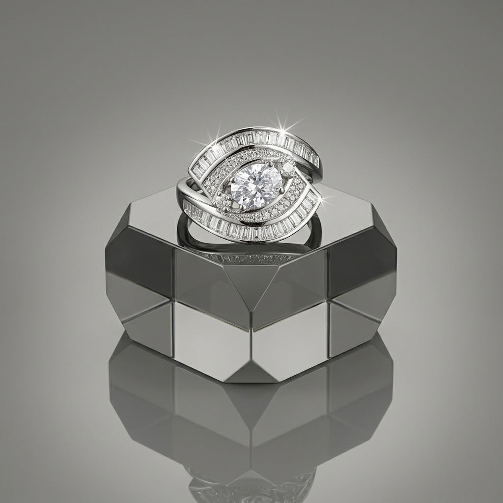 Product display shot of the Swirl Diamond Silver Ring resting on a geometric mirrored stand.