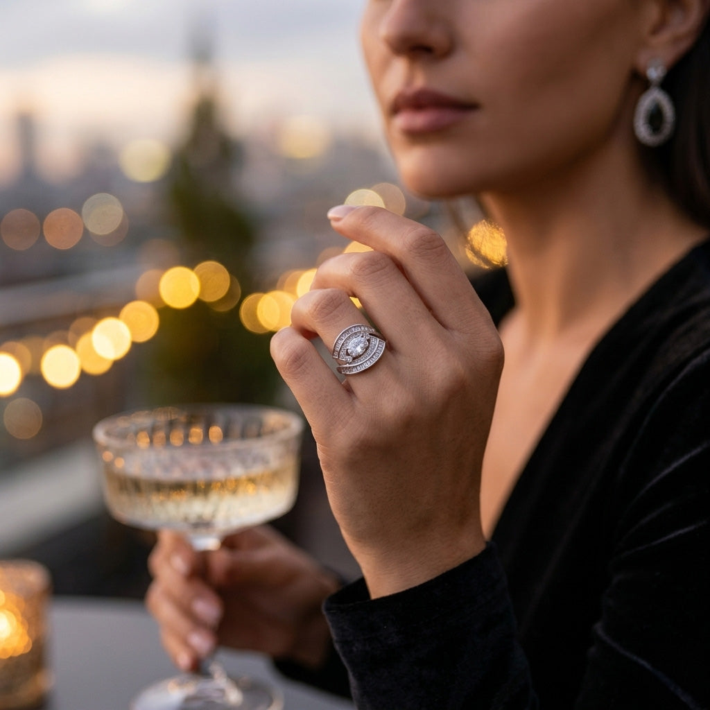 Lifestyle view of an elegantly dressed woman holding a champagne glass and wearing the Swirl Diamond Silver Cocktail Ring, with warm evening city lights in the background.