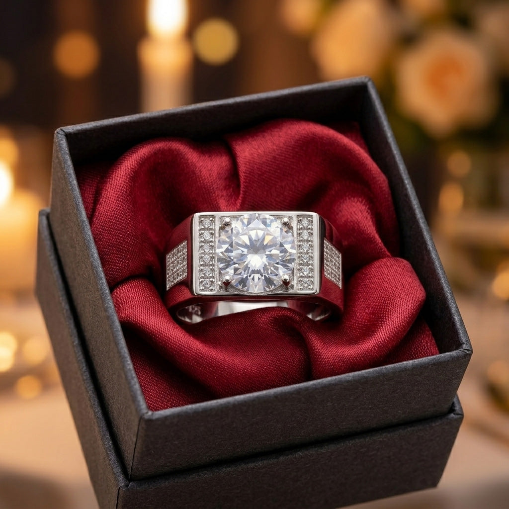 Men's Square Diamond Silver Ring