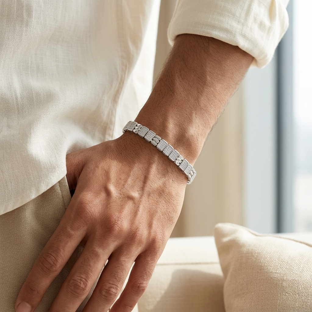Square Link Crystal Studded Silver-Toned Men's Bracelet