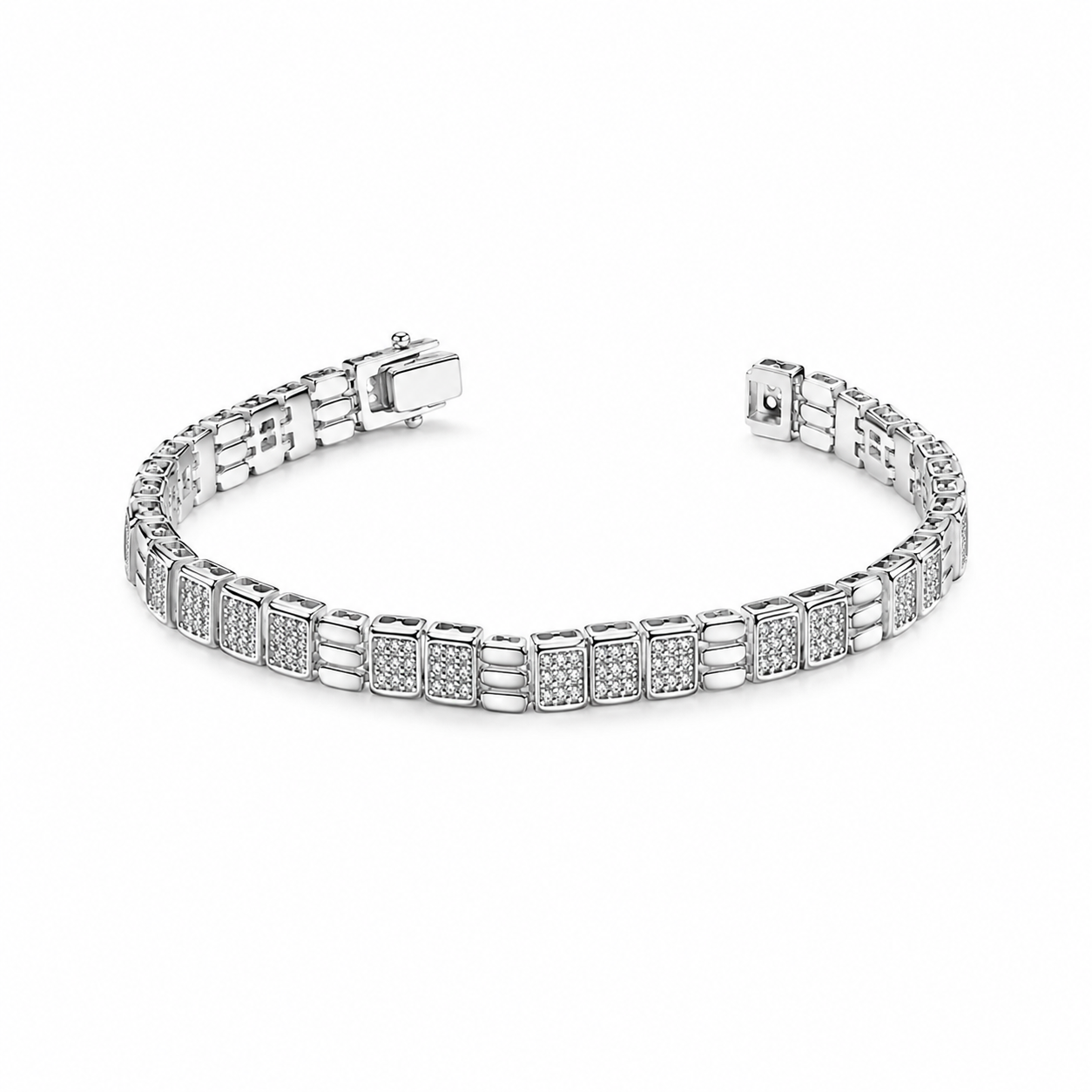 Close-up of a silver-toned men's link bracelet featuring alternating ribbed metal and crystal-studded square blocks.