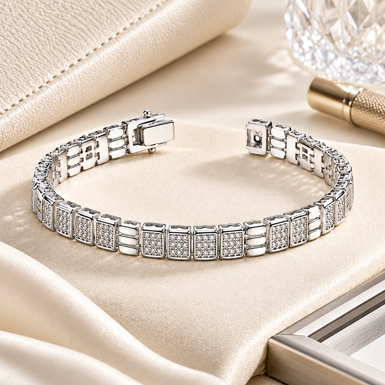 Full view of the men's silver-toned link bracelet showing its symmetrical design and sparkling stone embellishments