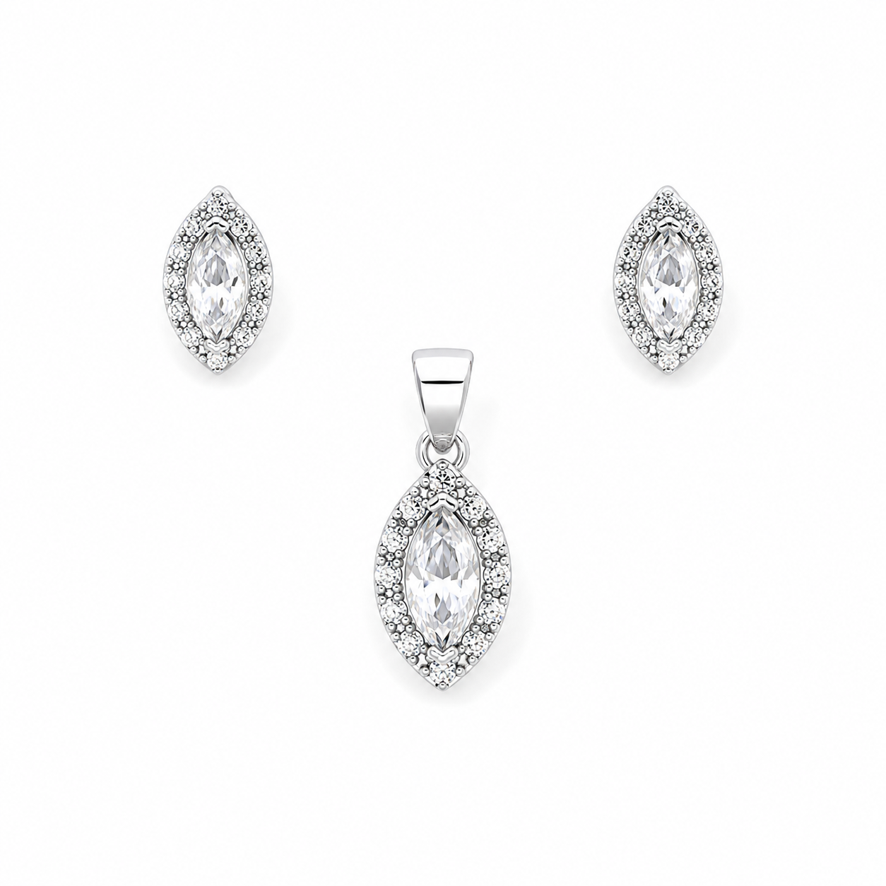 Sterling Silver Marquise Halo Earring and Pendant Set