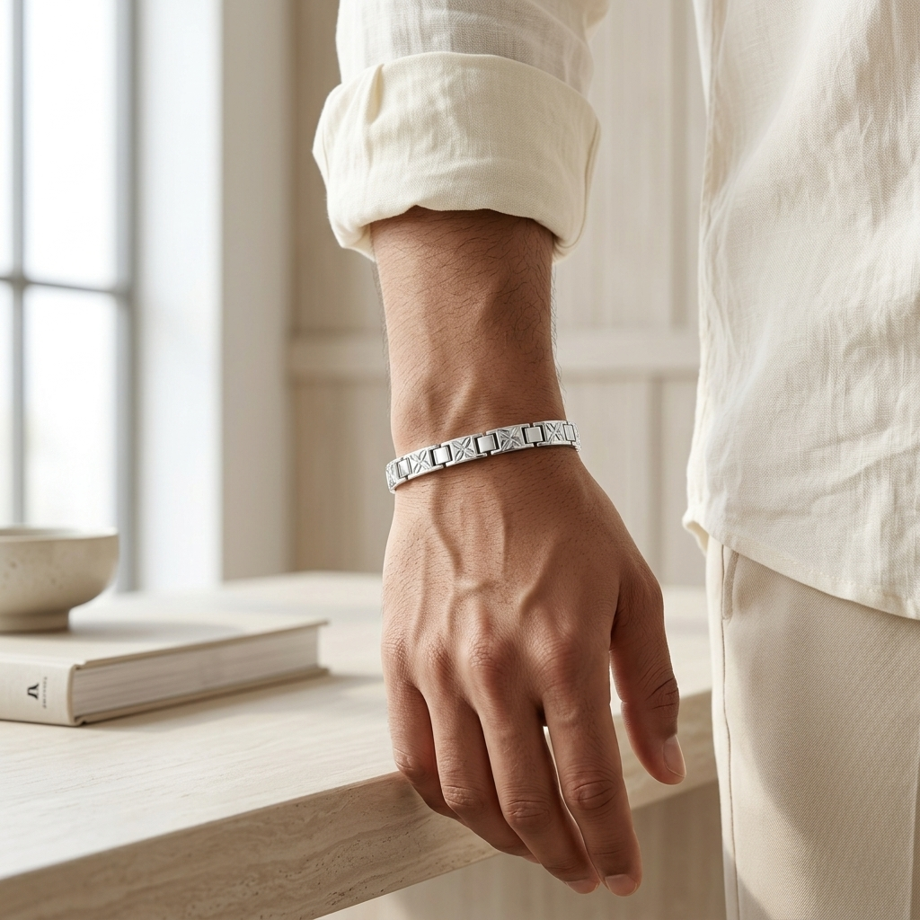 Sterling Silver Patterned Square Link Men's Bracelet