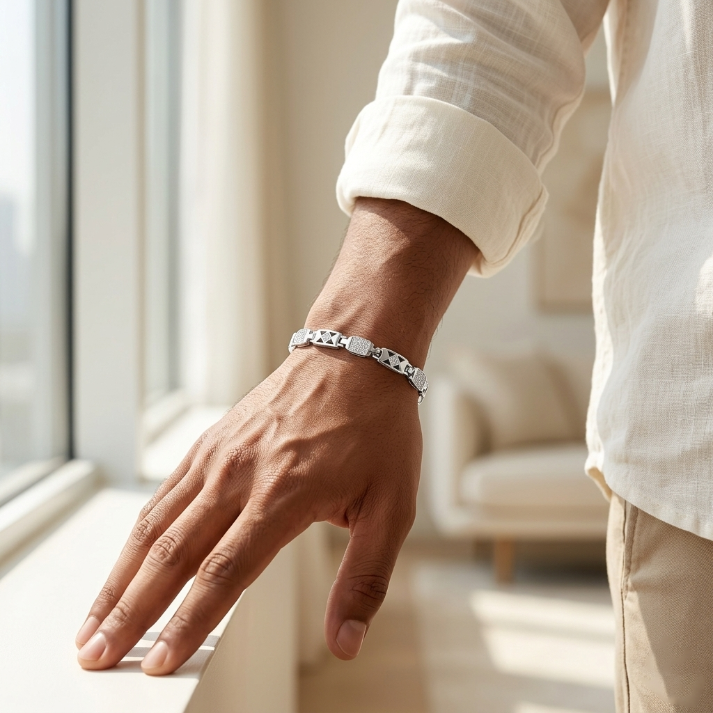 Sterling Silver X-Pattern Textured Men's Bracelet