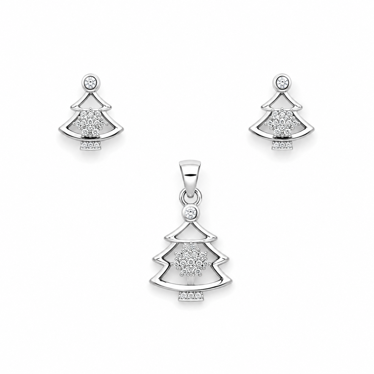 Sterling silver Christmas tree pendant and earring set with stone accents