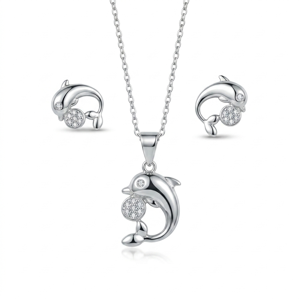 Sterling silver dolphin pendant and matching stud earrings featuring crystal accents on a cream background