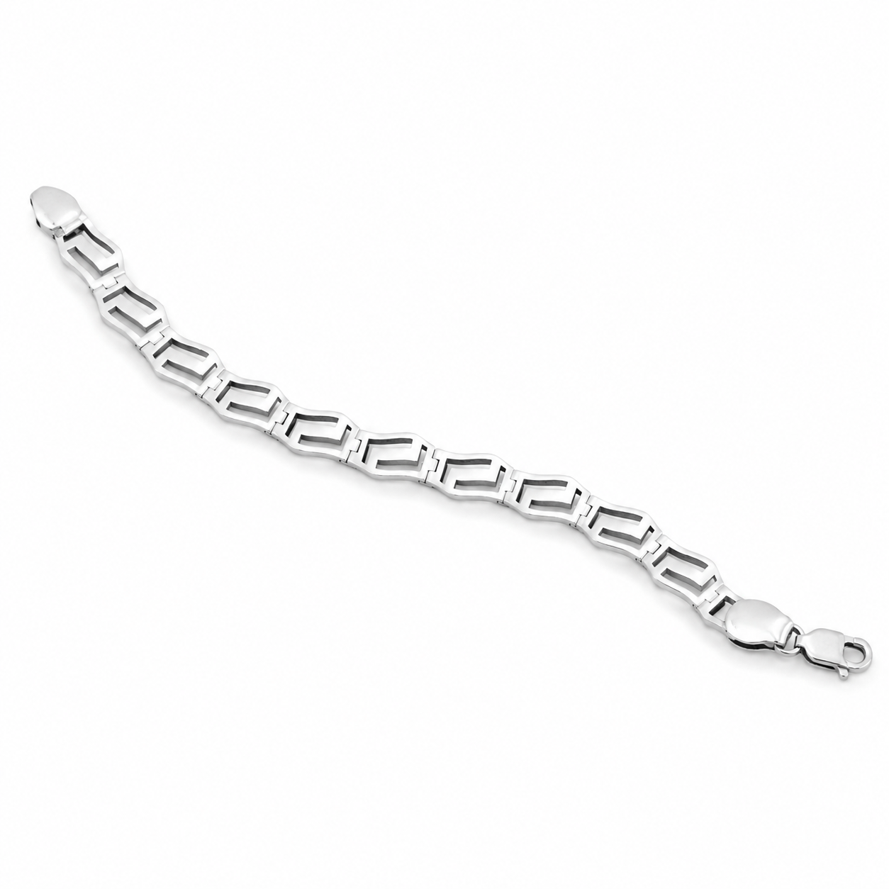 Top-down view of the Sterling Silver Geometric Cutout Link Bracelet laid flat on a white surface.