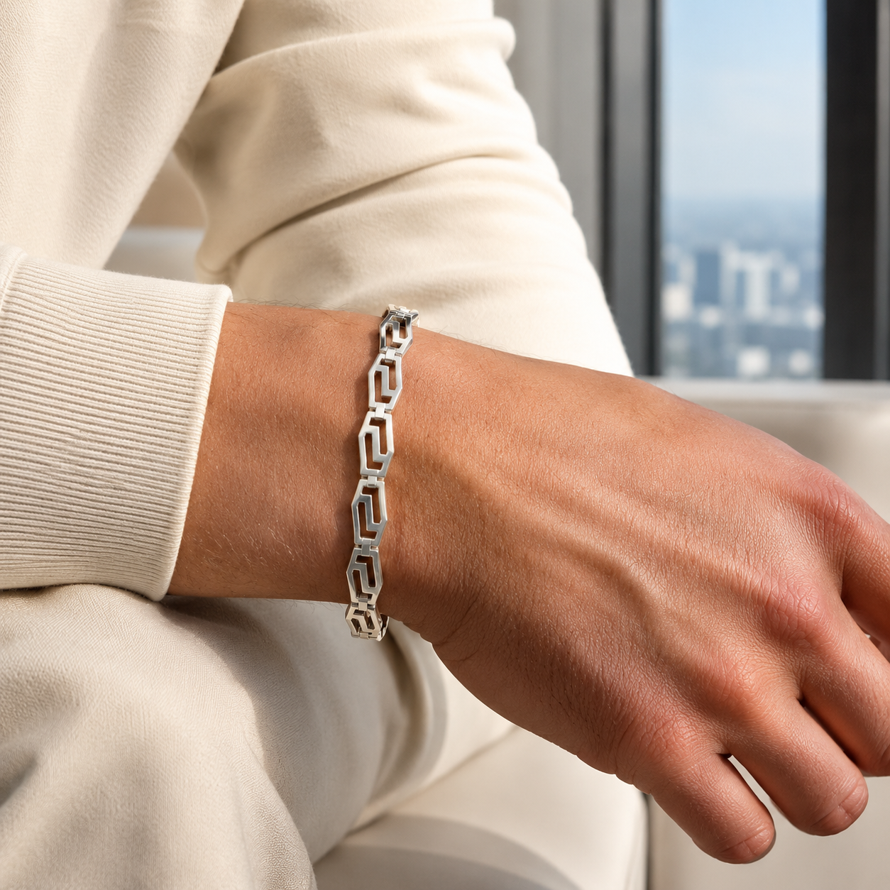 Close-up of the interlocking rectangular cutout links and polished finish of the silver bracelet.