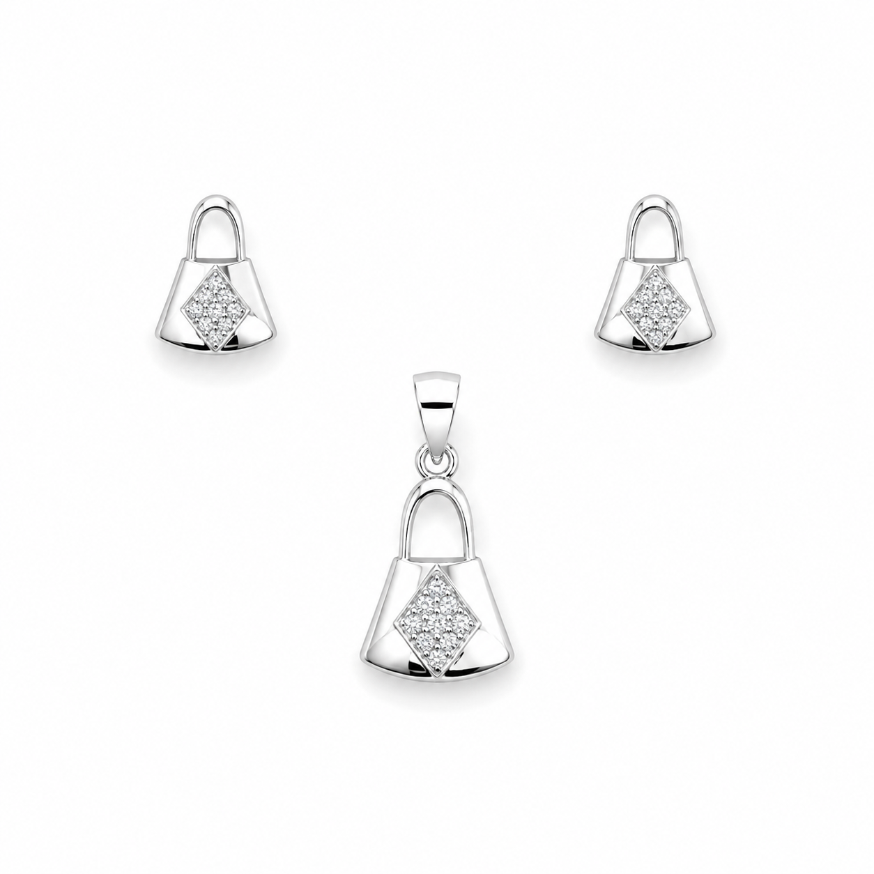 Front view of the Sterling Silver Handbag Motif CZ Pendant Set showing the pendant and matching earrings