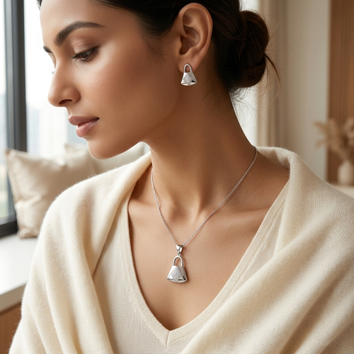 Sterling Silver Handbag Motif CZ Pendant Set