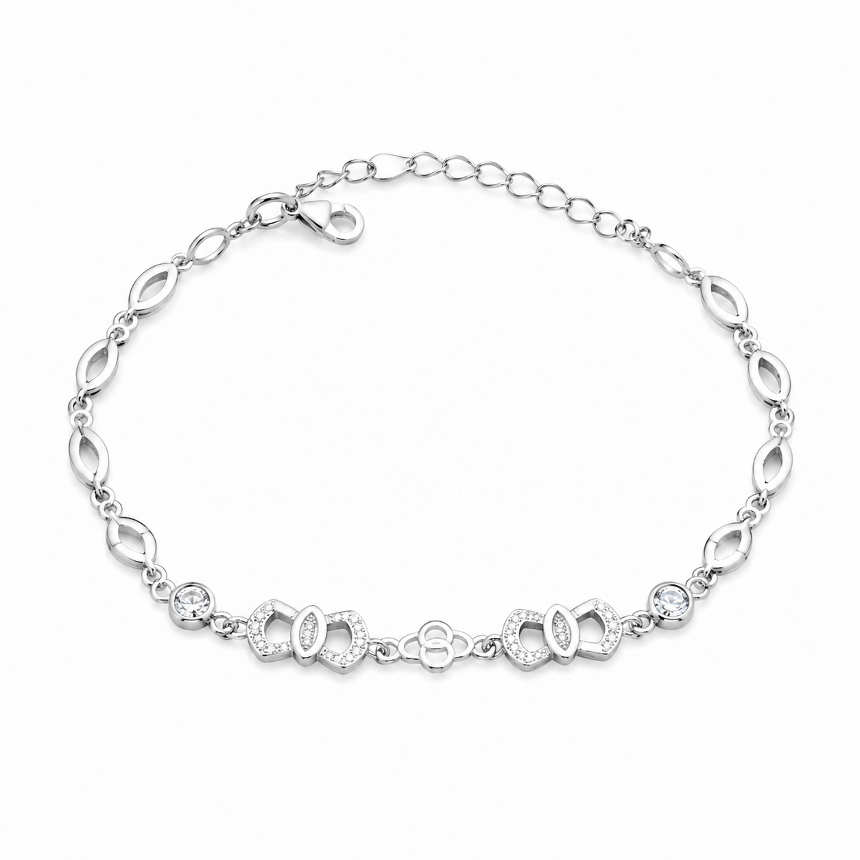 Sterling Silver Interlocking Infinity CZ Bracelet showing the intricate cubic zirconia centerpiece