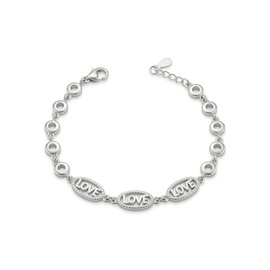 Sterling Silver Love Cutout Link Bracelet lying flat against a white background.
