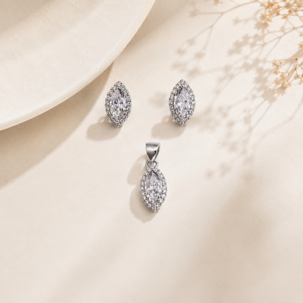 Close up of Marquise Earring and Pendant Set