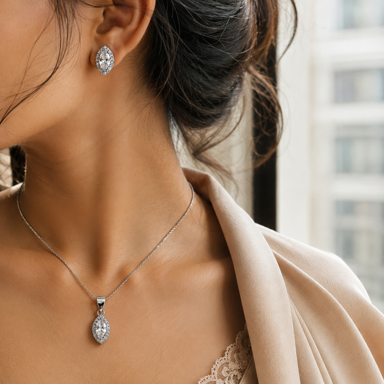 Front view of Sterling Silver Halo matching set