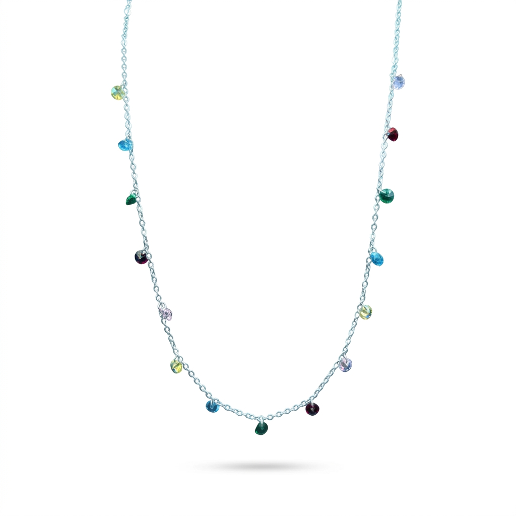 Studio shot of a delicate Sterling Silver Multicolor Crystal Drop Necklace featuring evenly spaced blue, green, red, yellow, and purple crystal charms.
