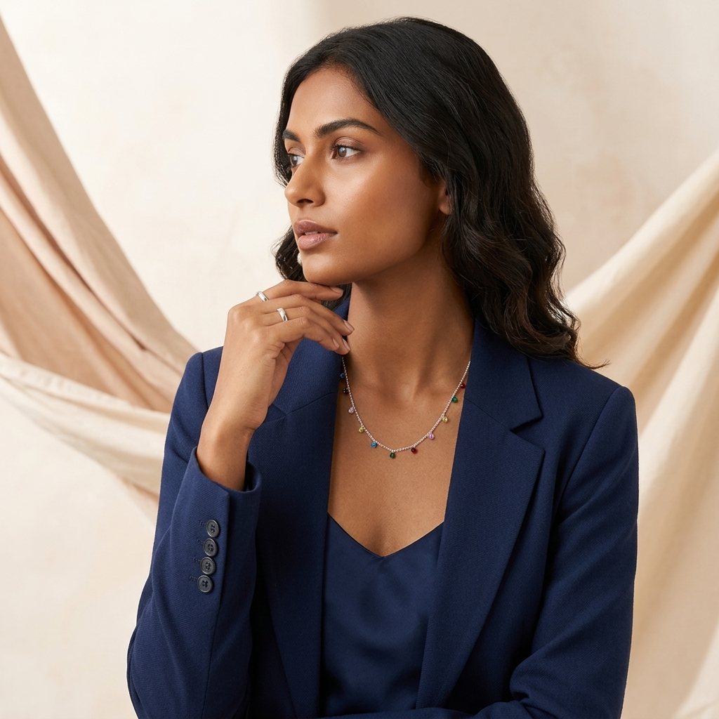A woman in a navy blue blazer looking to the side, wearing a delicate Sterling Silver Multicolor Crystal Drop Necklace with small multi-colored crystal drops.