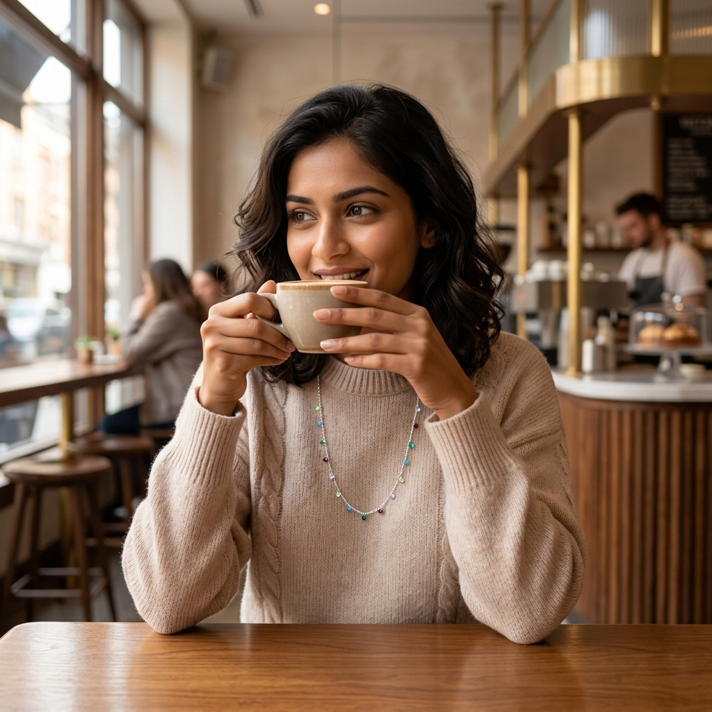 A smiling woman enjoying coffee in a cafe, wearing a beige cable-knit sweater and a Sterling Silver Multicolour Crystal Drop Necklace with vibrant gemstone drops.