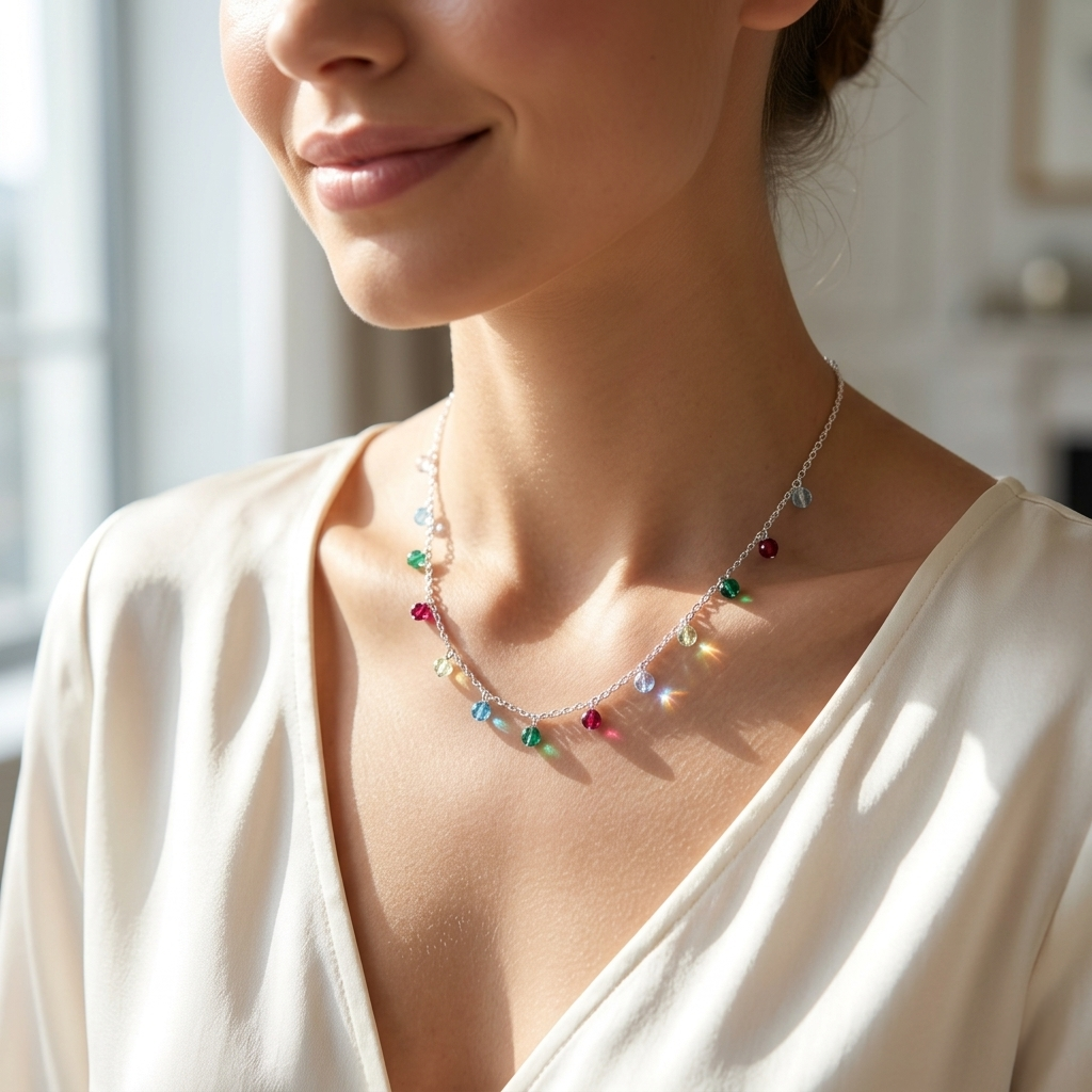 Close-up of a woman's neckline in a white V-neck blouse, showcasing the light reflecting off the evenly spaced colorful crystals on her Sterling Silver Multicolor Crystal Drop Necklace.