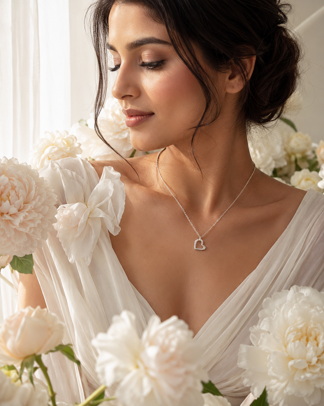 A beautiful woman in a white dress wearing the Sterling Silver Open Heart Pendant Necklace, surrounded by white peonies.
