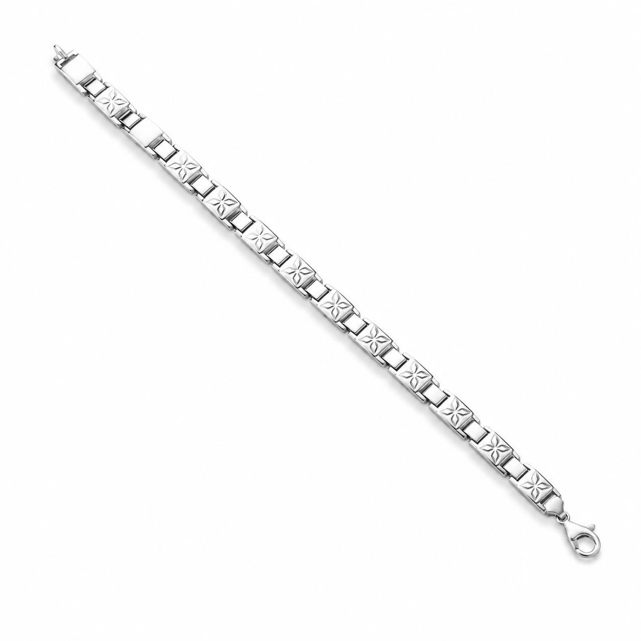 Close up of the Sterling Silver Patterned Square Link Men's Bracelet showing the detailed geometric cross engravings.