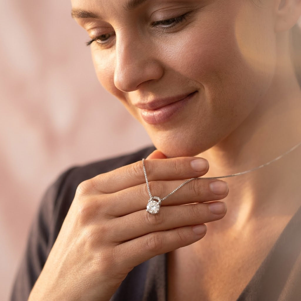 Smiling woman gently touching her Sterling Silver Round Solitaire Pendant Necklace