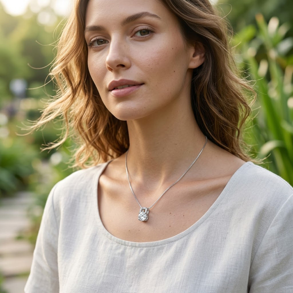 Woman in a casual linen top wearing the Sterling Silver Round Solitaire Pendant Necklace outdoors