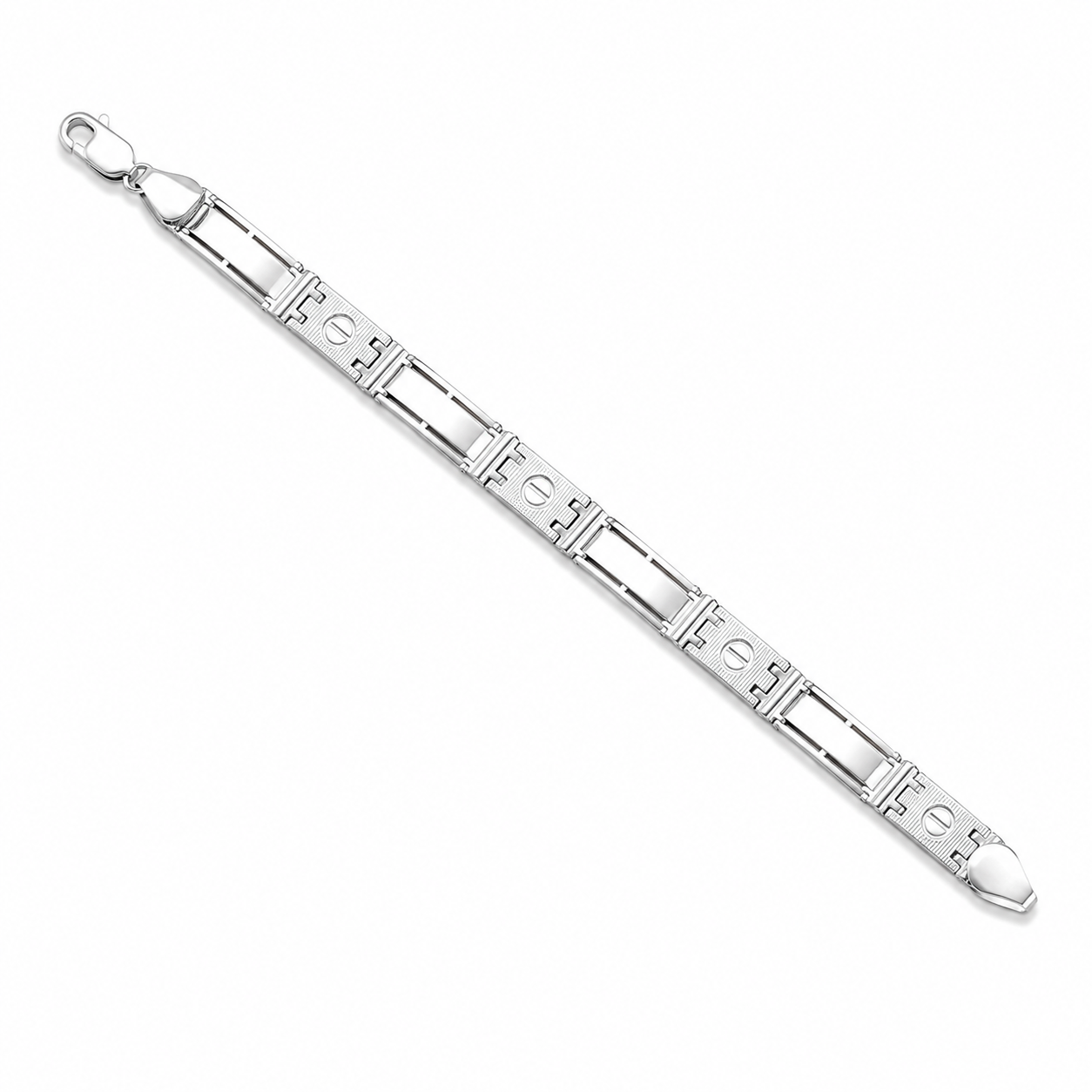 Top view of the Sterling Silver Screw Motif Link Bracelet showing alternating solid and open rectangular links.