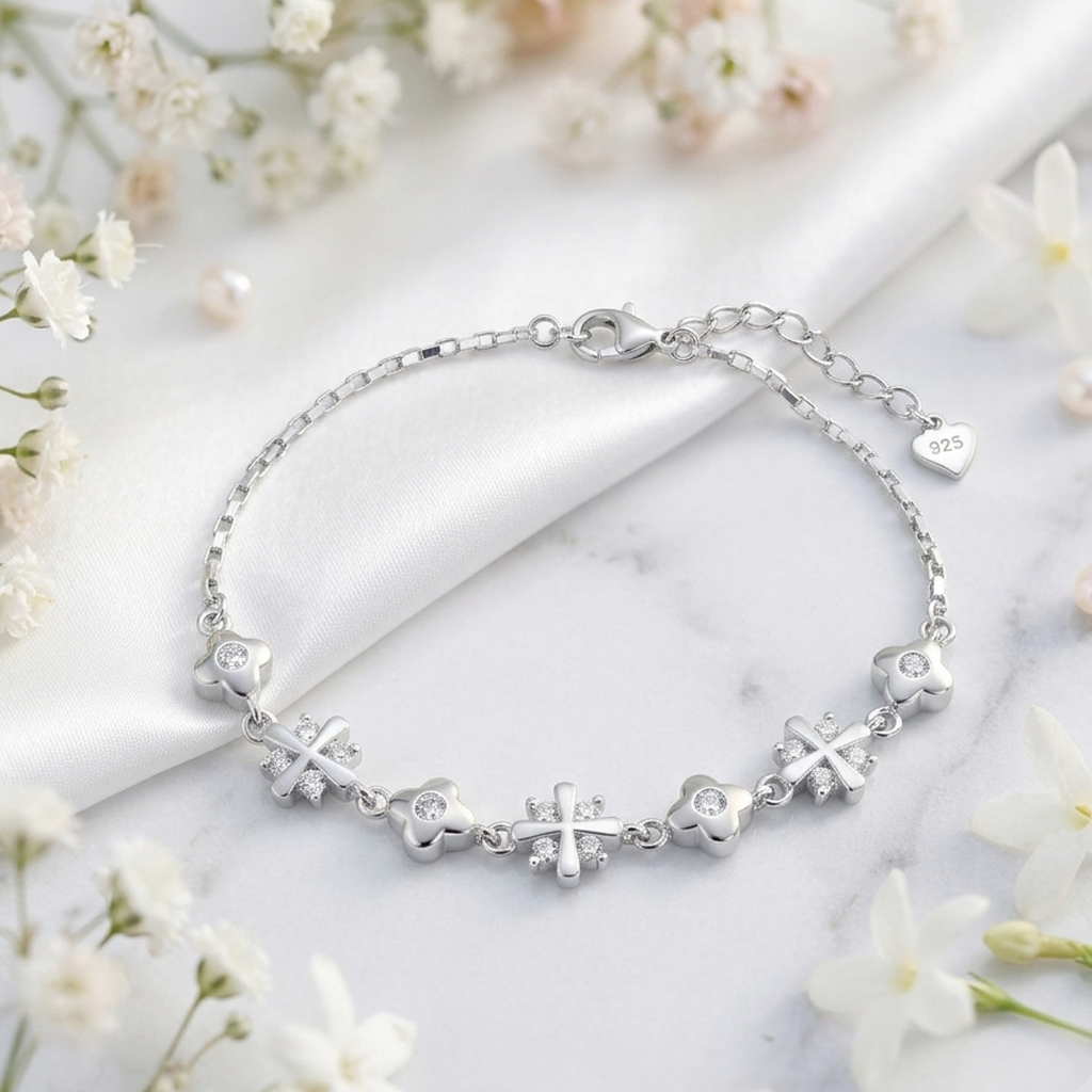 Close-up of the cubic zirconia star clusters on a delicate silver chain