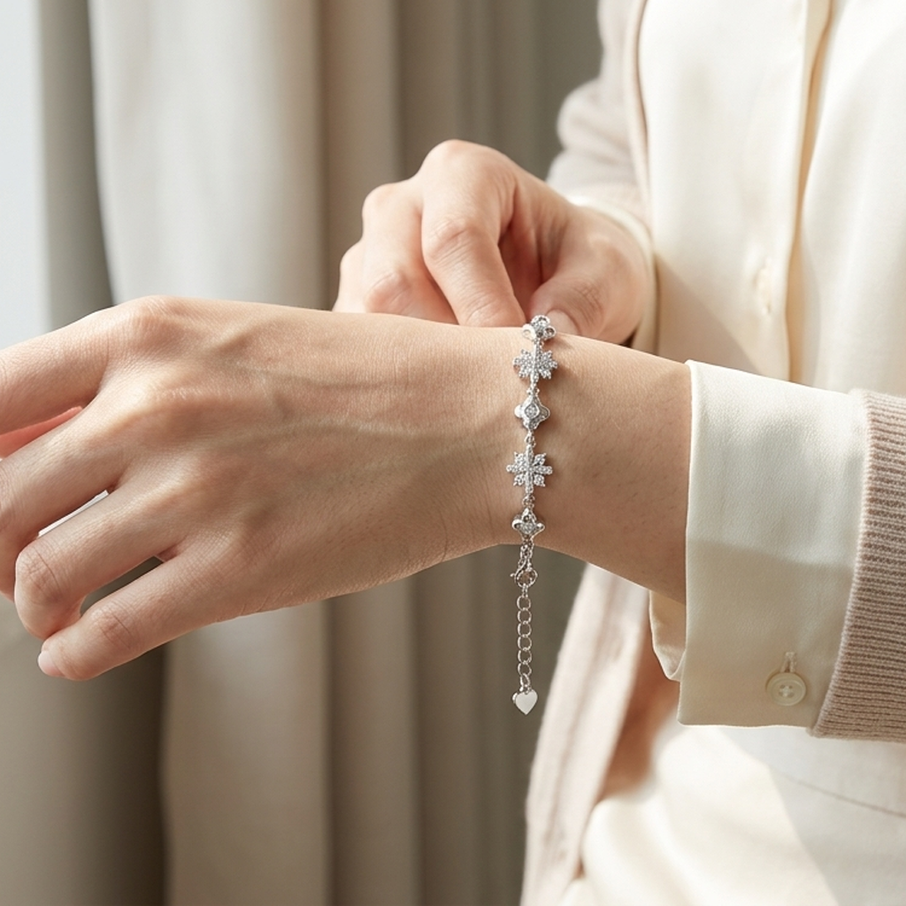 Detailed view of the lobster clasp and adjustable extender links on the floral star bracelet
