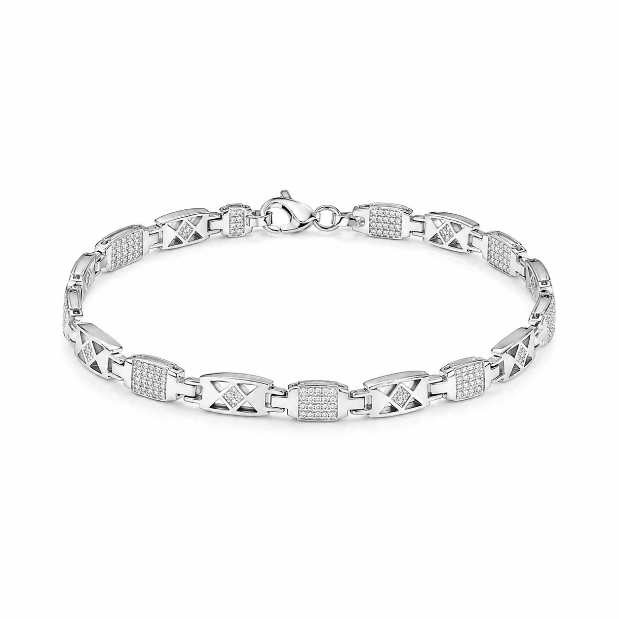 Sterling silver men's bracelet featuring alternating X-pattern and textured rectangular links on a white background