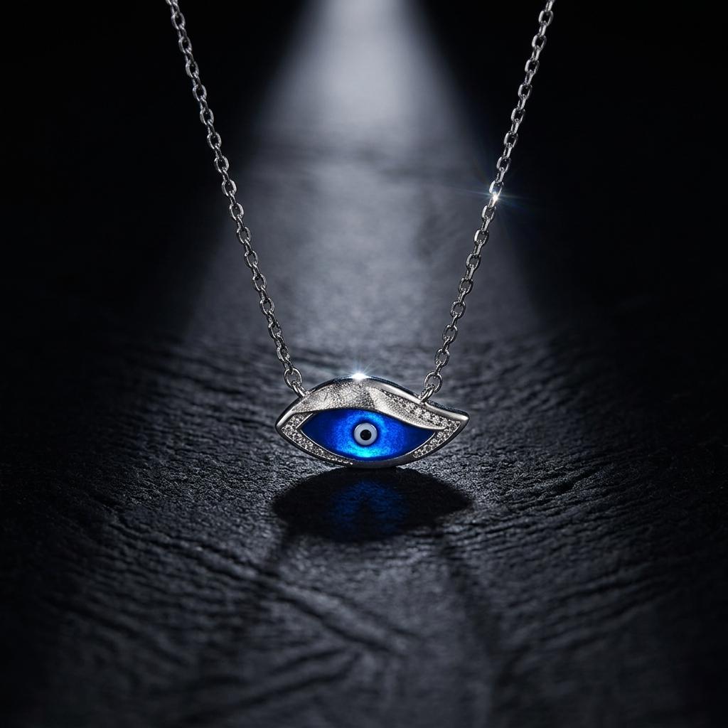 Dramatic studio lighting illuminating the deep cobalt center and sparkling crystals of the Stylish Evil Eye Lucky Charm Necklace against a dark textured background