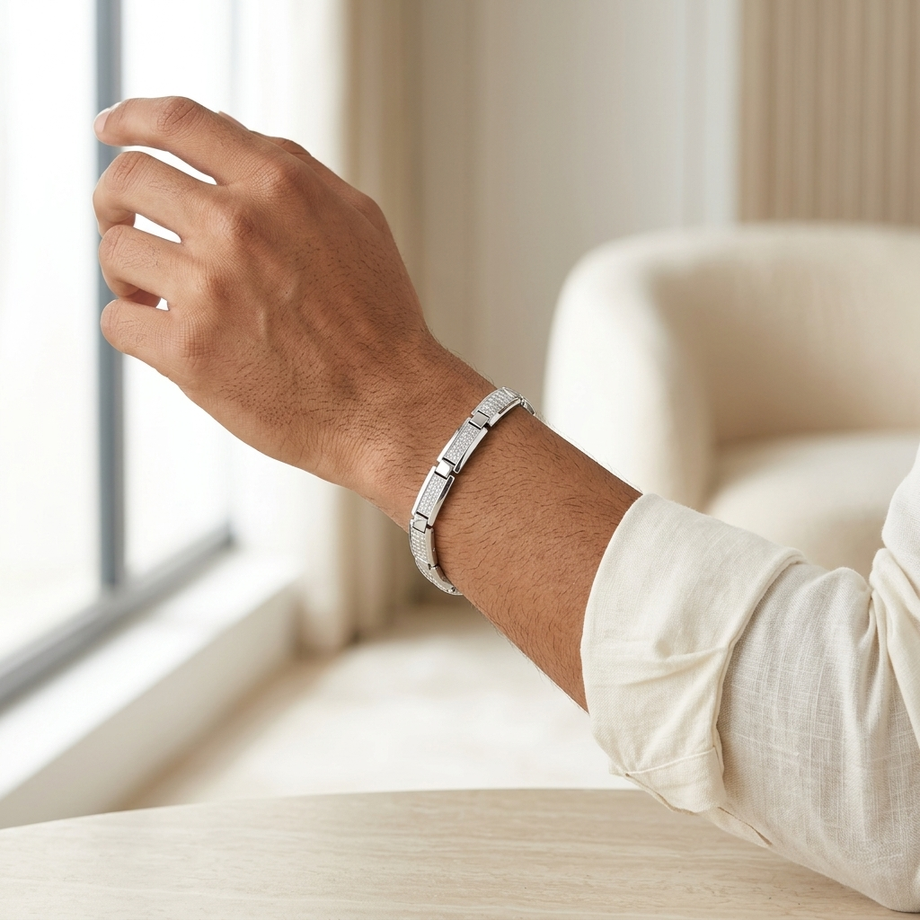Textured Grid Link Sterling Silver Men's Bracelet