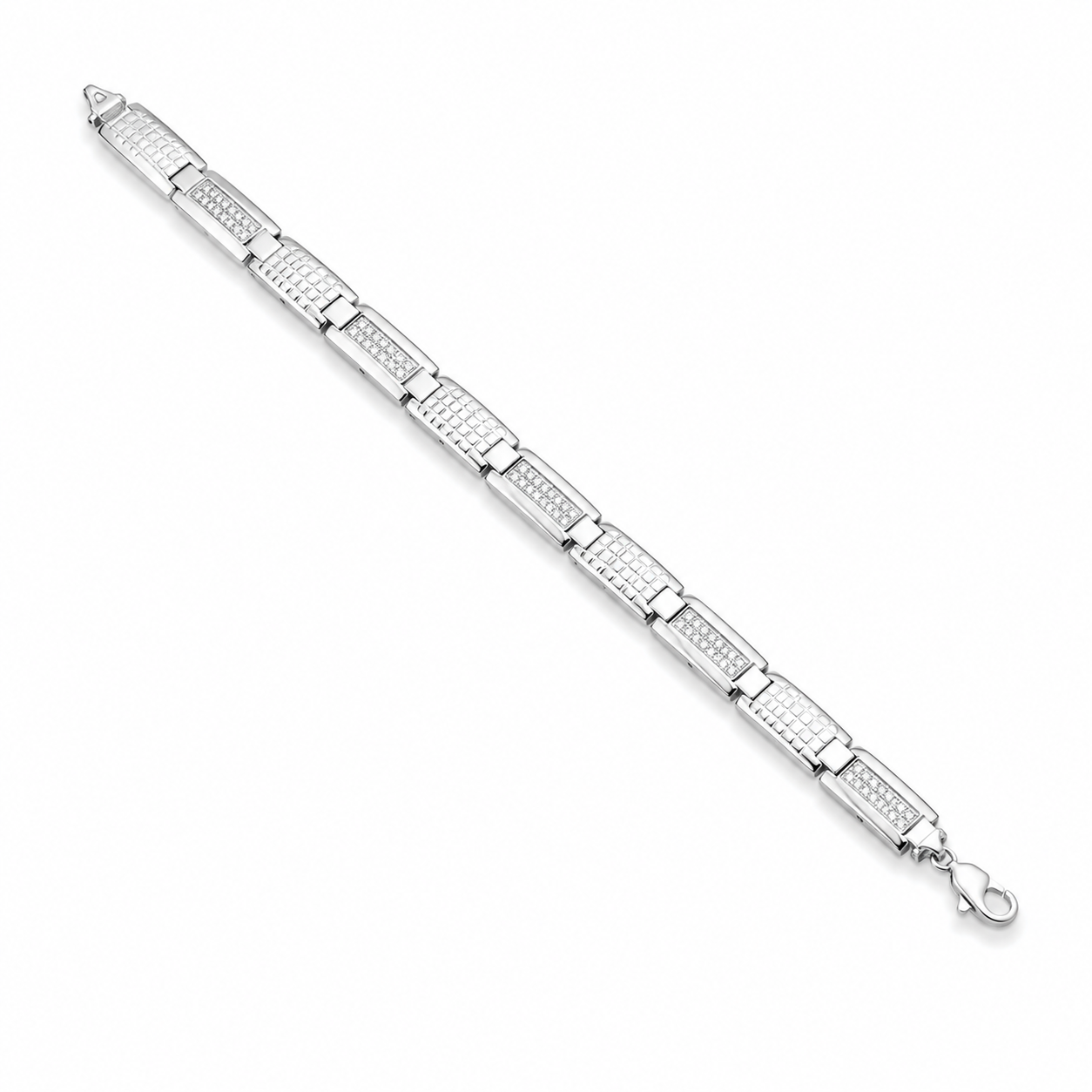 Top view of a sterling silver men's bracelet featuring rectangular links with a textured grid pattern