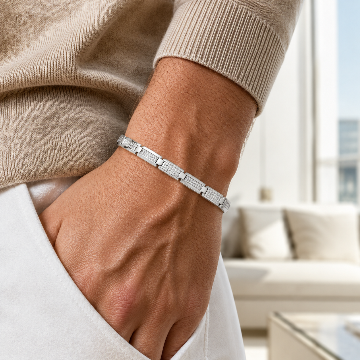 Textured Grid Link Sterling Silver Men's Bracelet | Jiya Gold Palace