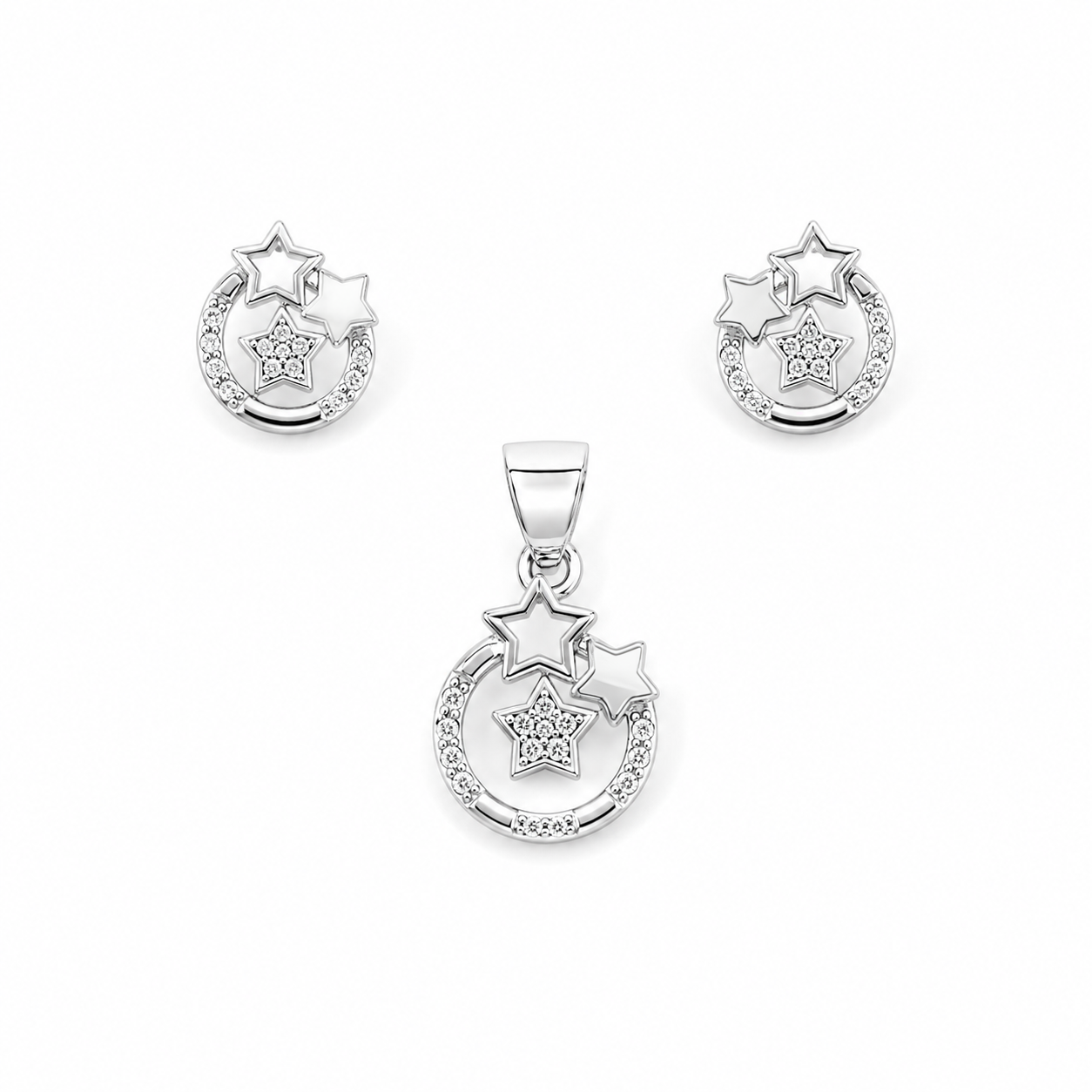 Silver pendant and earring set featuring a circular halo with three studded stars.