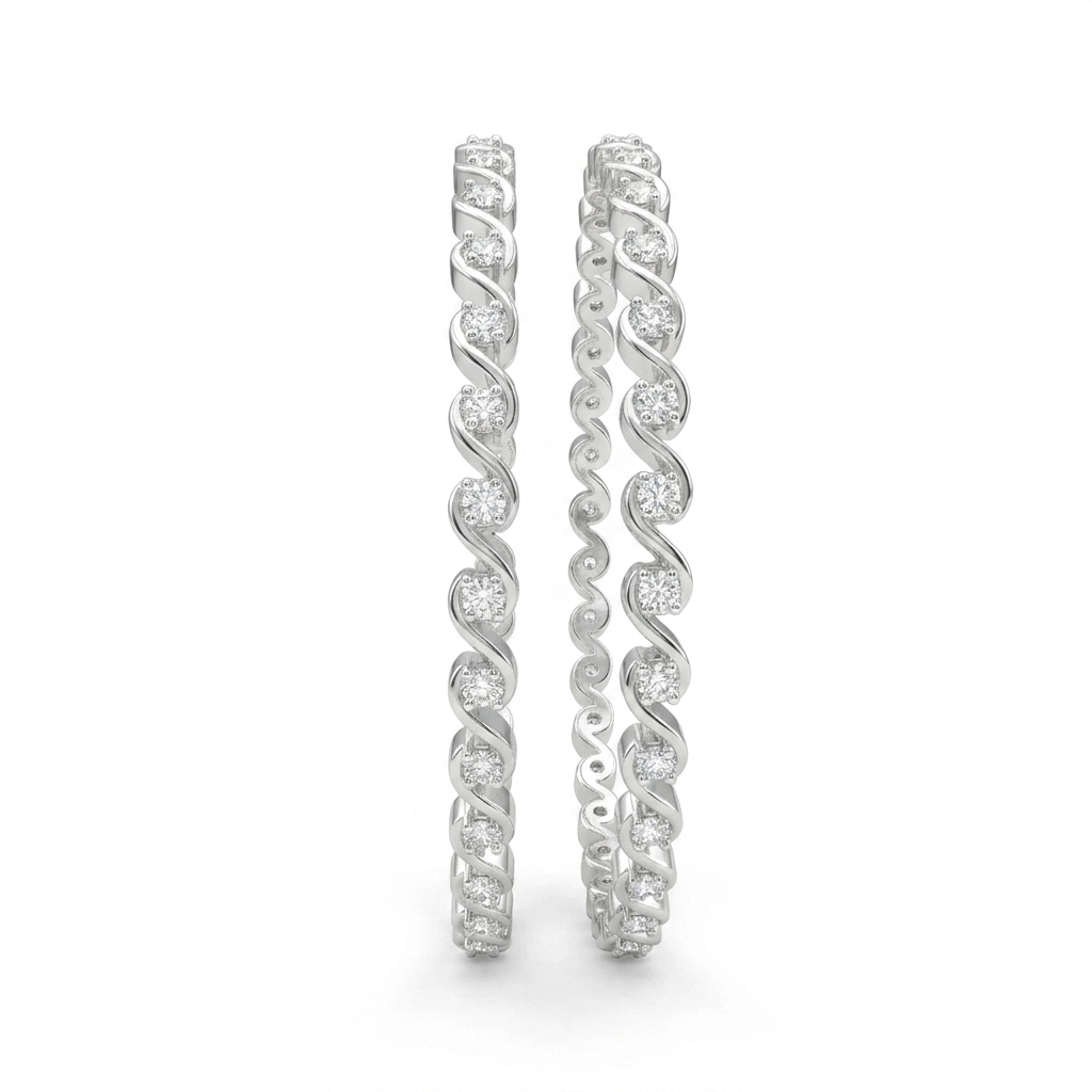 Detailed view of Twisted Wave Silver Bangles with embedded round stones against a white background