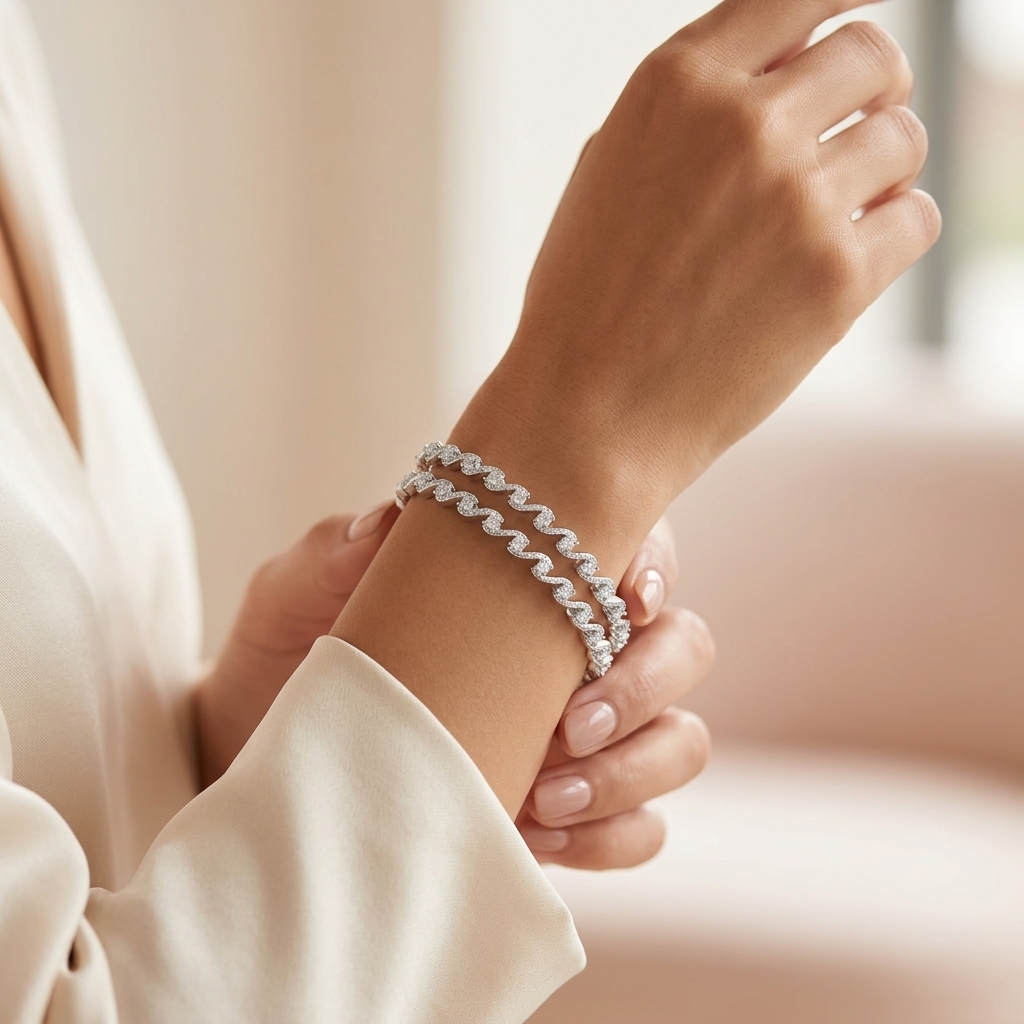 Woman wearing two Twisted Wave Silver Bangles with clear stones on her wrist