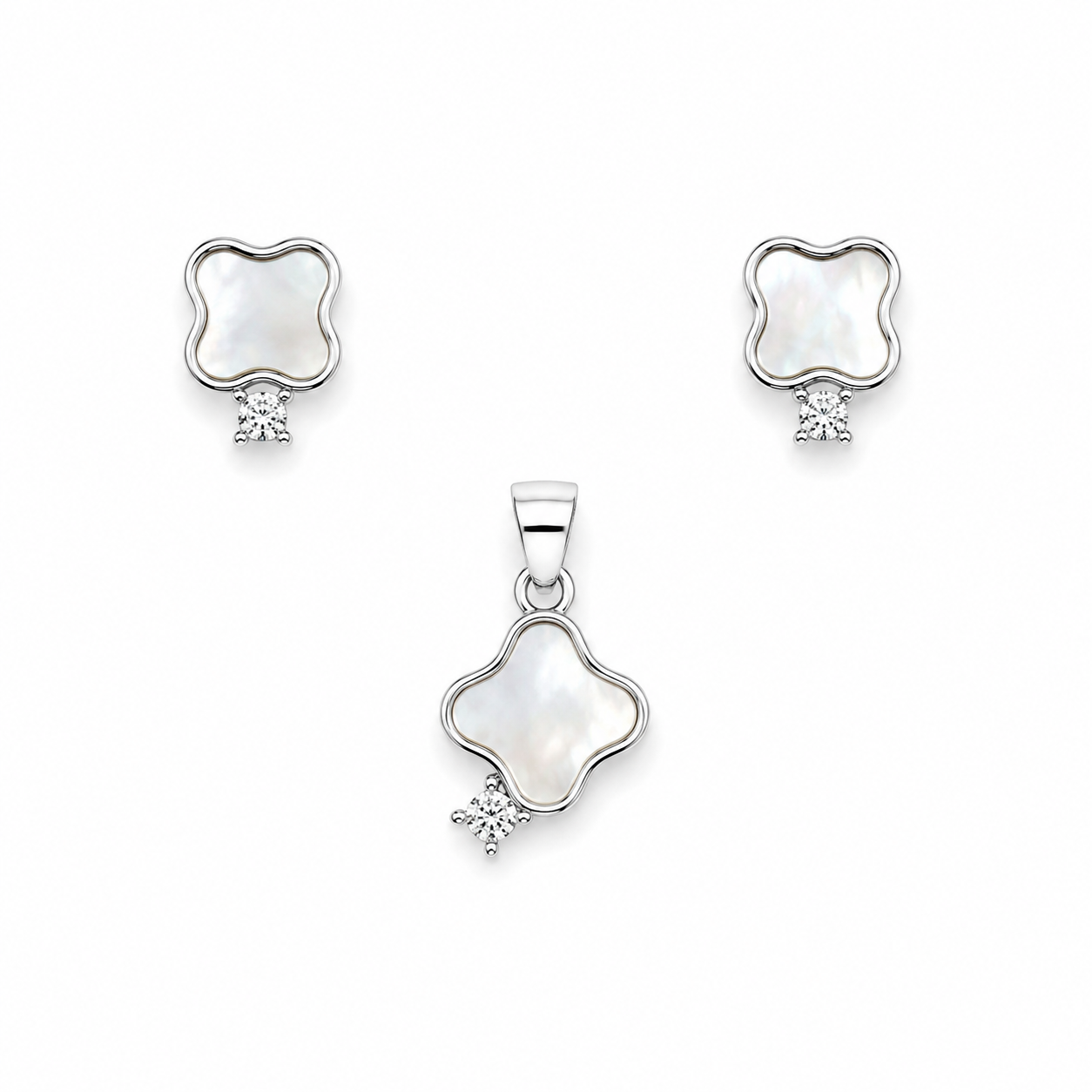 White clover shaped silver stud earrings and matching pendant with mother of pearl inlay