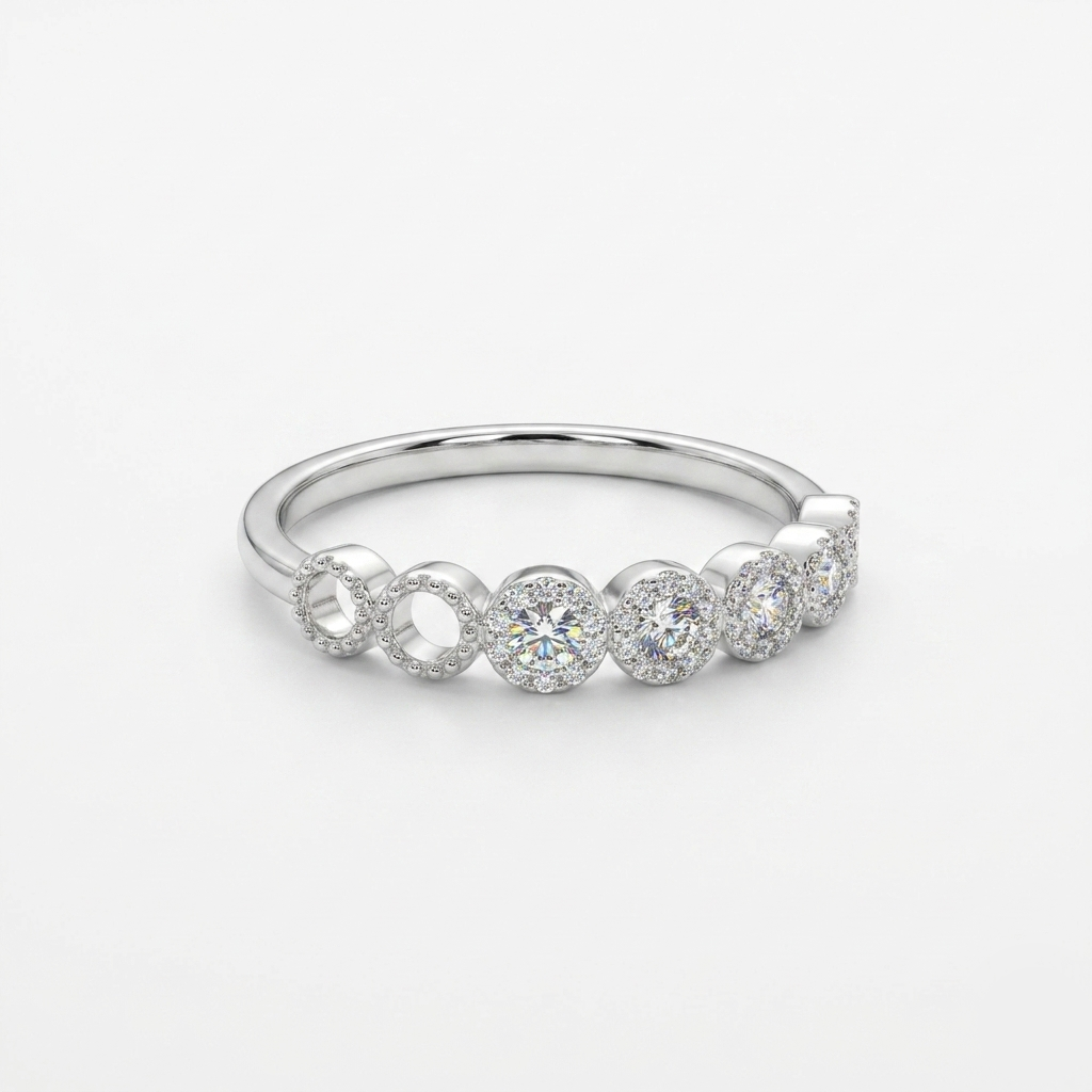 Close-up of a Alternating Halo Sterling Silver Ring featuring alternating open circles and cubic zirconia halo settings against a white background.