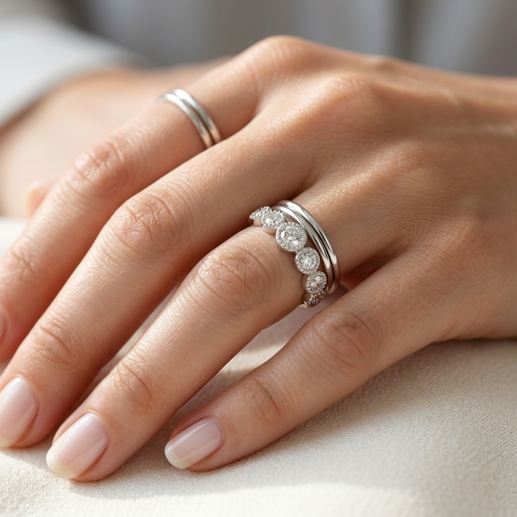 A woman's hand wearing the Alternating Halo Sterling Silver Ring, stacked with a plain silver band.