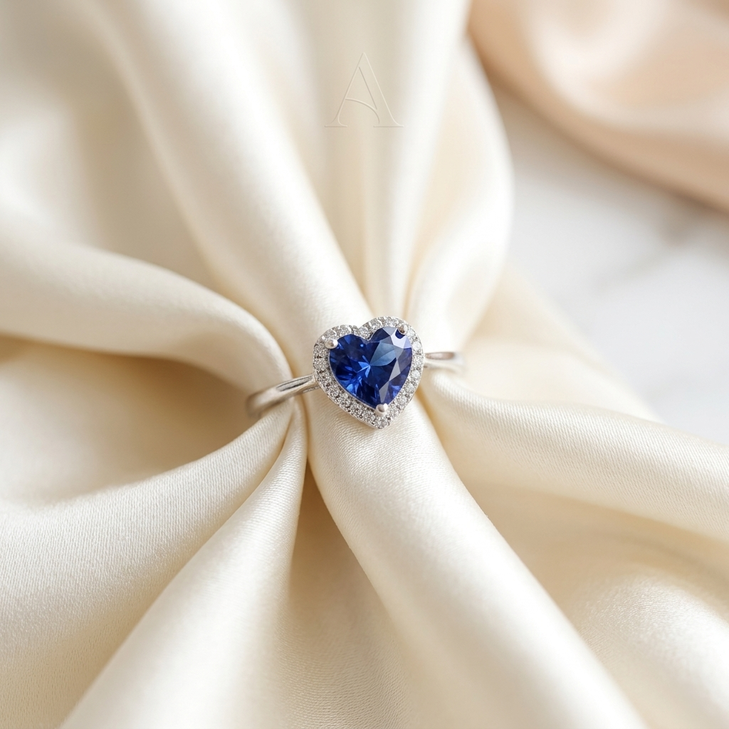 A stunning Blue Heart Halo Silver Ring with a silver halo setting resting delicately on folded cream silk fabric.