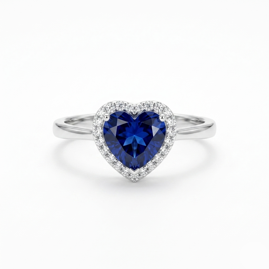Close-up front view of the Blue Heart Halo Silver Ring showcasing the vibrant blue center stone and sparkling halo against a white background.
