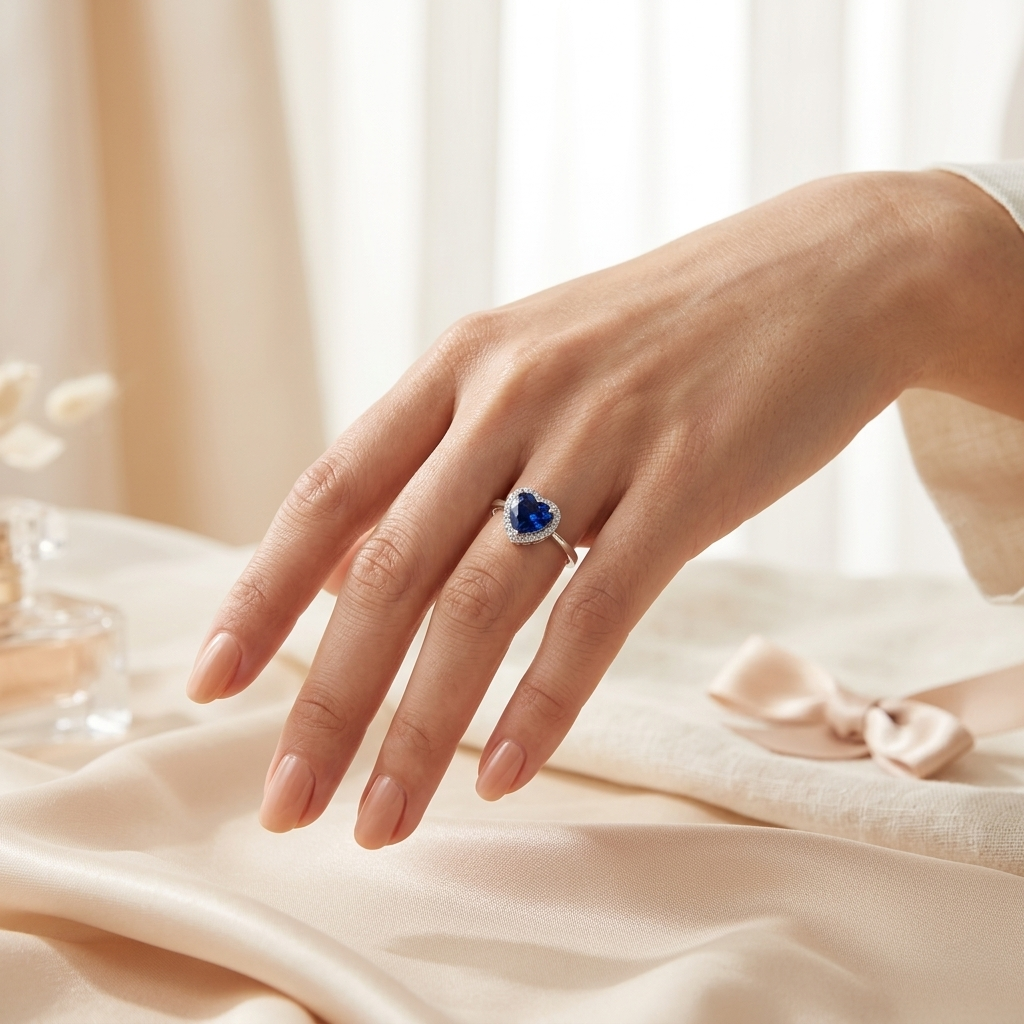 A woman's hand wearing the Blue Heart Halo Silver Ring, gracefully resting on smooth silk material.